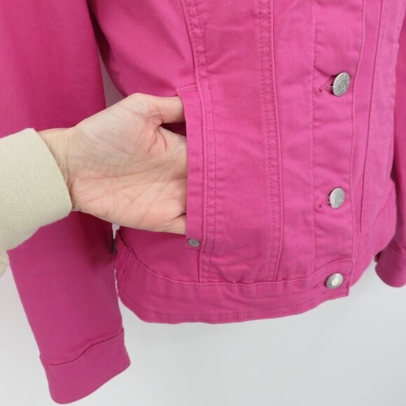 GUESS Women Small Pink Stretchy Denim Jean Jacket Collared Button Front Pockets - Picture 3 of 10